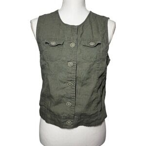 Chico's Linen Crochet Lace Back Vest 0 Small Olive Green Excellent Button Front